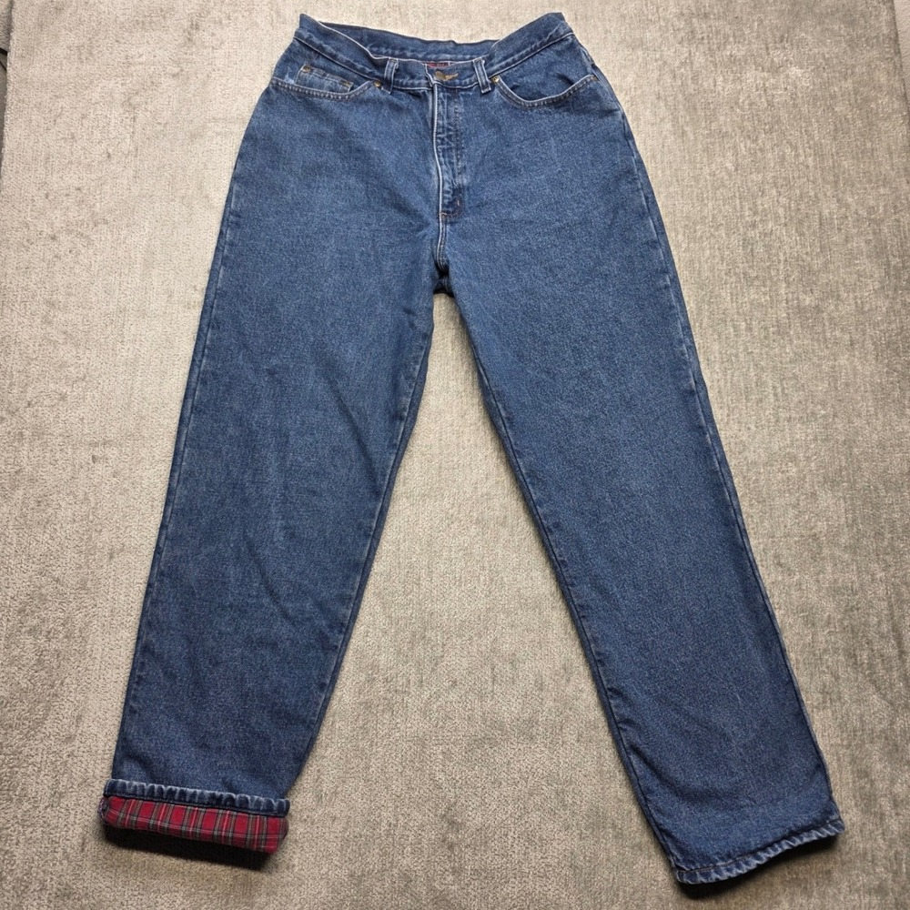 LL Bean Double L Relaxed Fit Flannel Lined Jeans Blue Denim Plaid Size 14 M-T